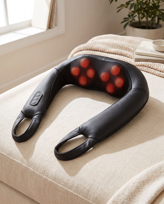 Kneadia shiatsu neck massager with heat on a cream sofa