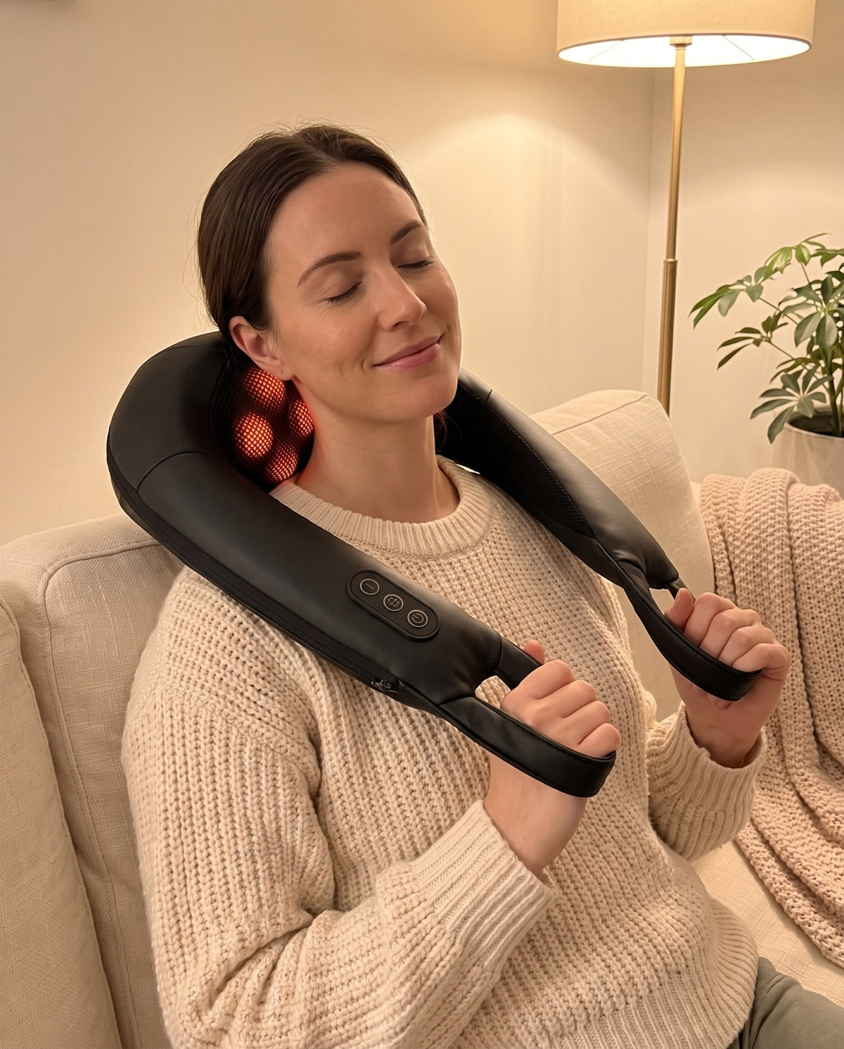 Woman relaxing on the sofa with the Kneadia massager on her neck