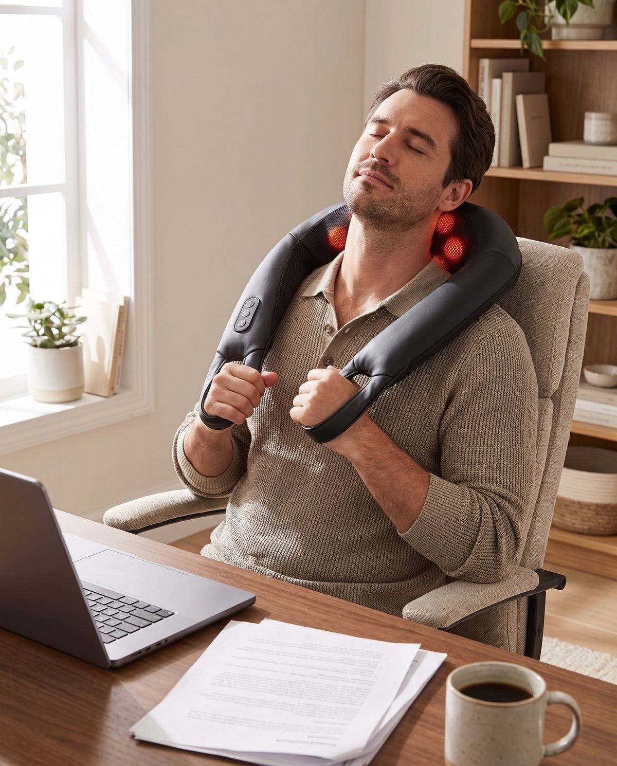Man using the Kneadia massager at his desk